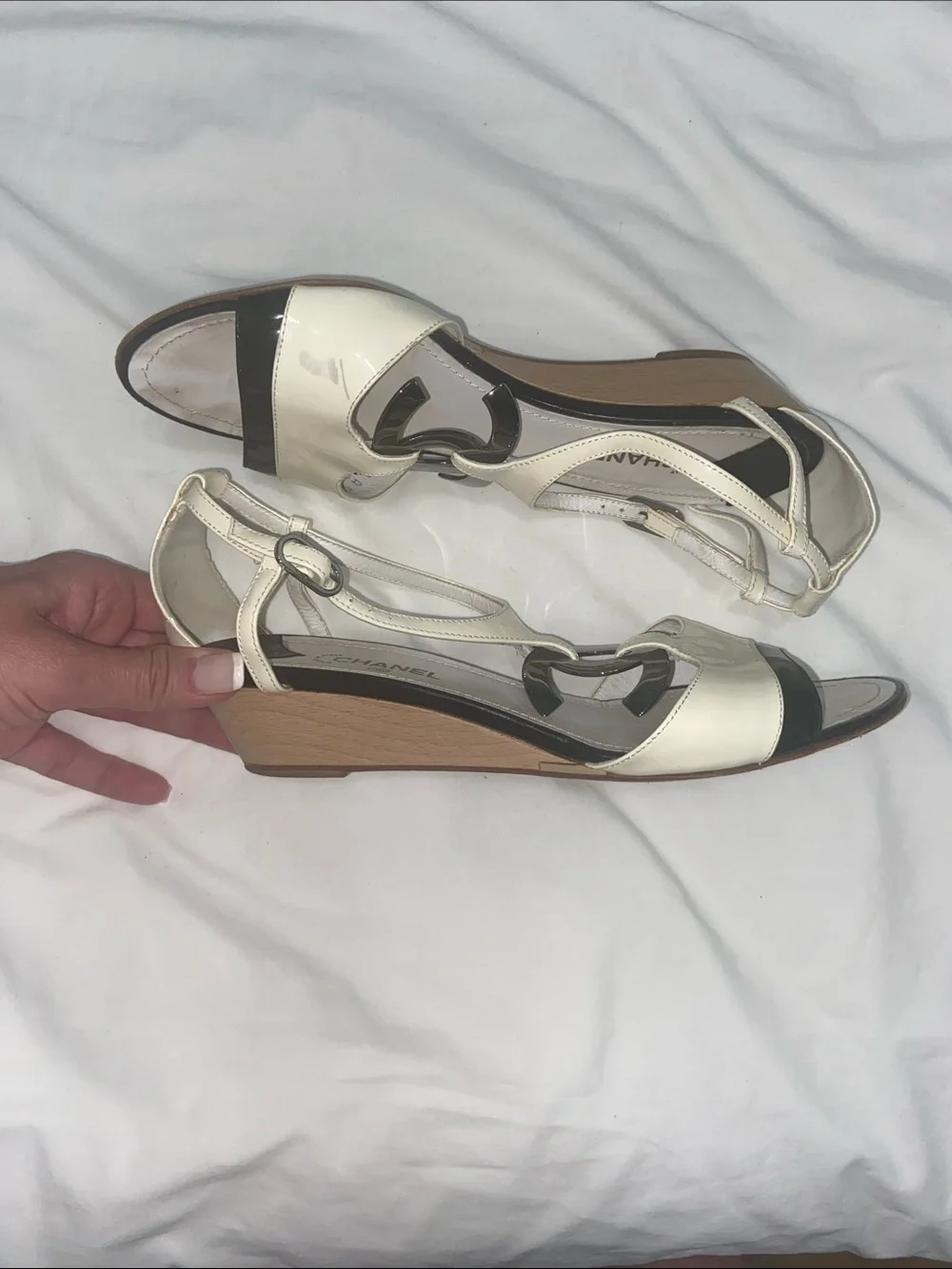CHANEL Ivory and Black Patent Leather T-Strap Sandals